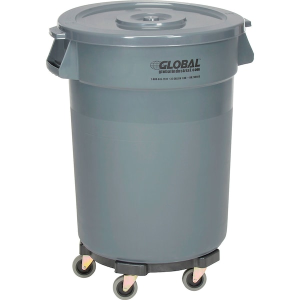 Global Industrial Plastic Trash Can with Lid & Dolly, 32 Gallon Gray 240460GYB - main